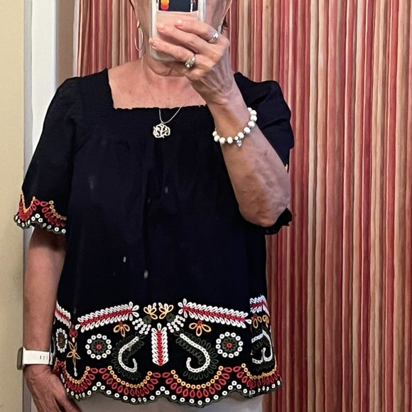 CROWN & IVY Navy Embroidered Top NWOT - Picture 5 of 6